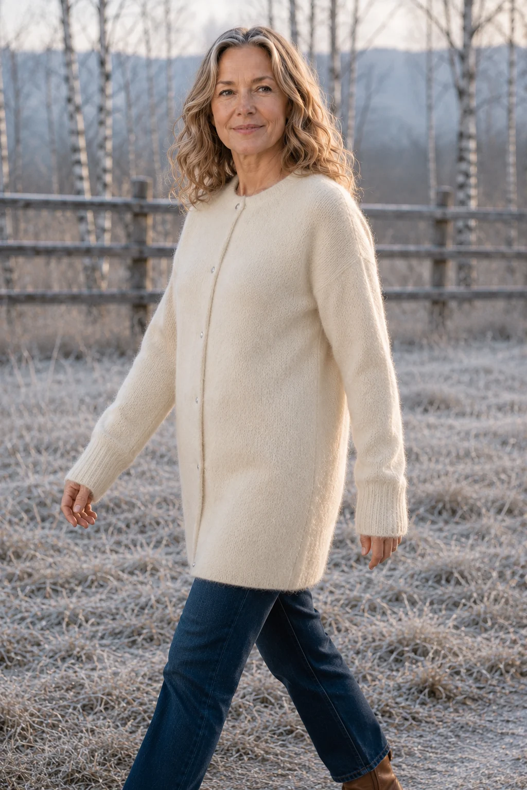 Rosilda Fine Gauge Wool Cardigan in cream, outdoor editorial view