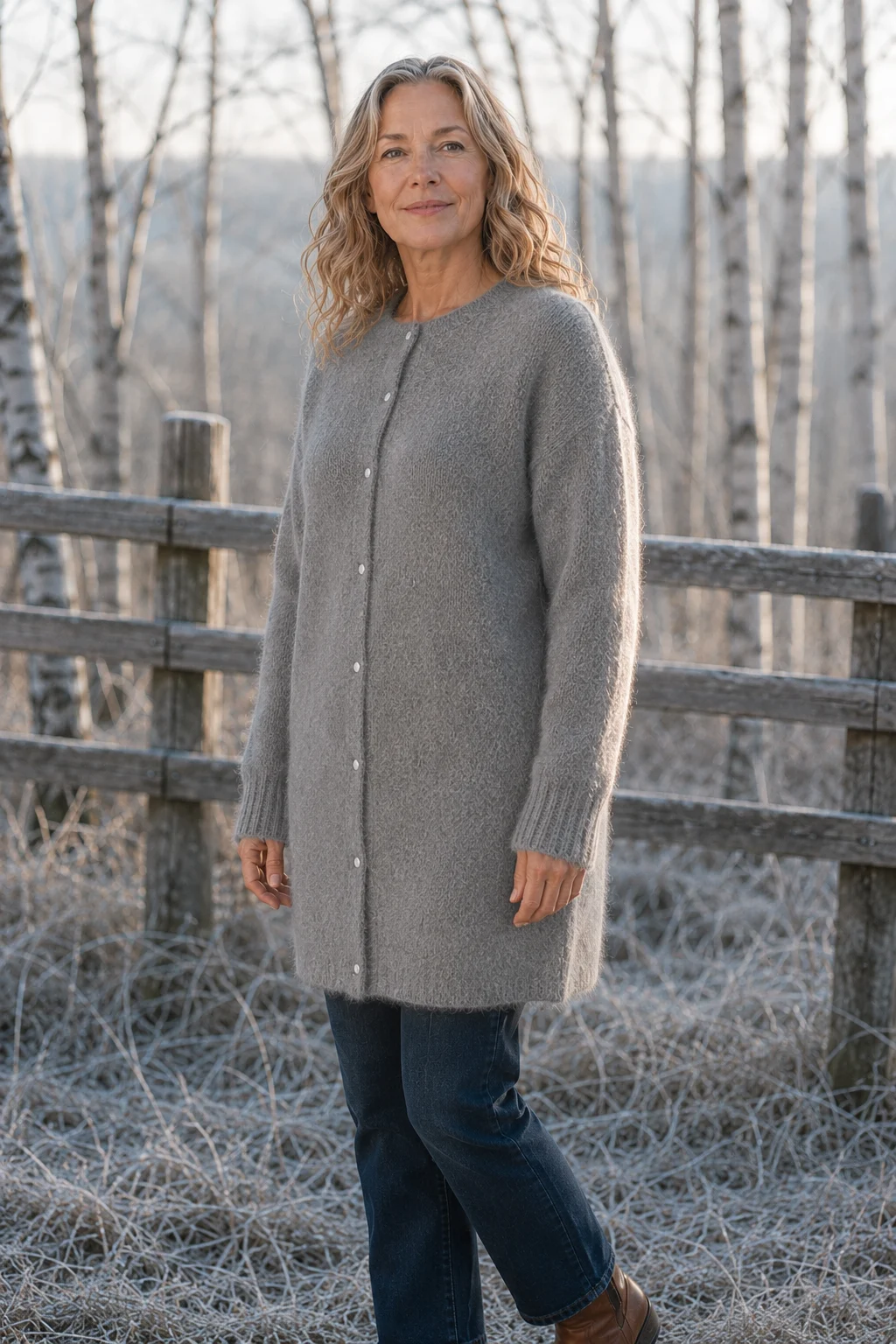 Rosilda Fine Gauge Wool Cardigan in grey, outdoor editorial view