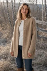 Rosilda Fine Gauge Wool Cardigan in khaki, outdoor editorial view