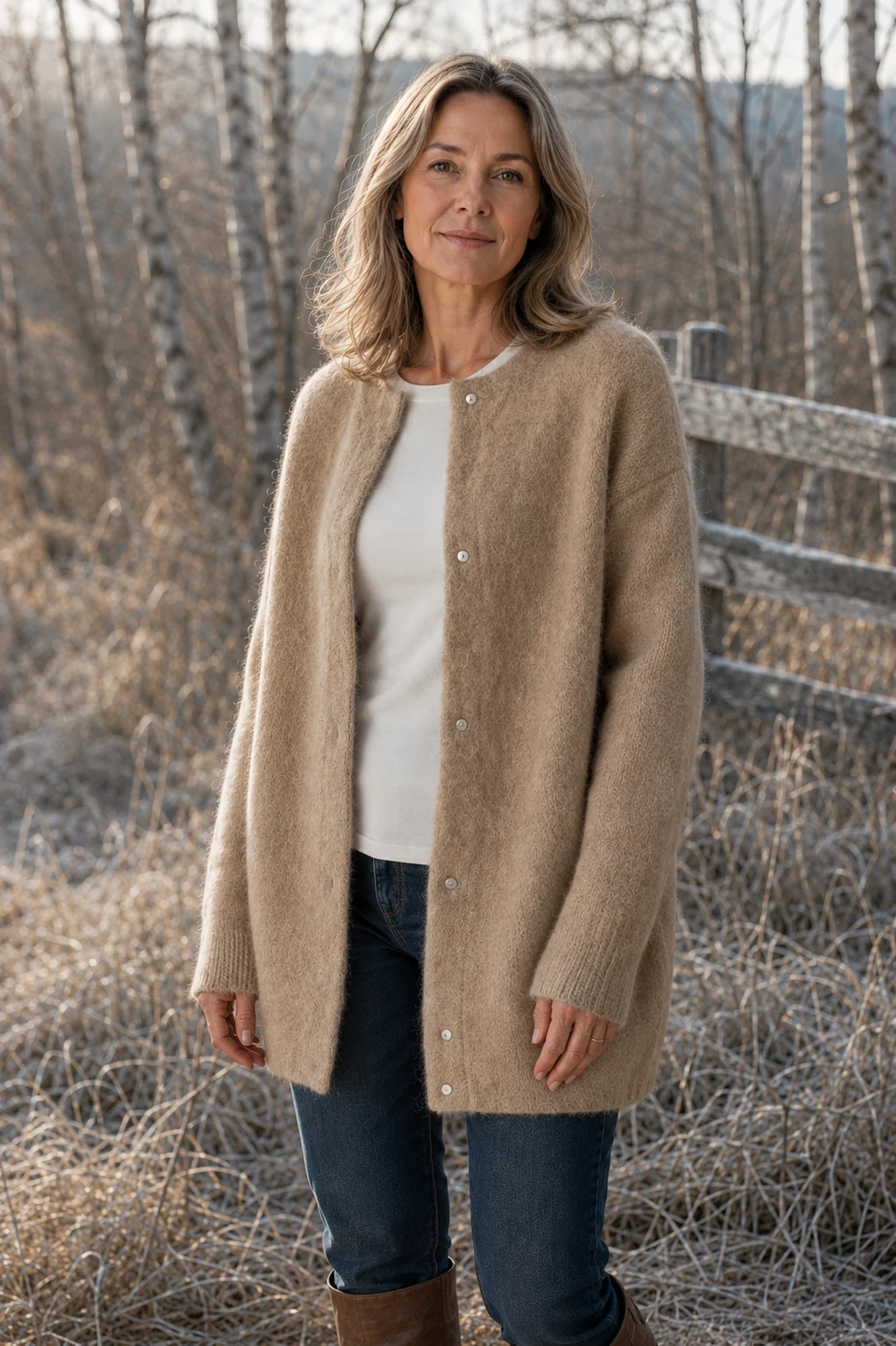 Rosilda Fine Gauge Wool Cardigan in khaki, outdoor editorial view
