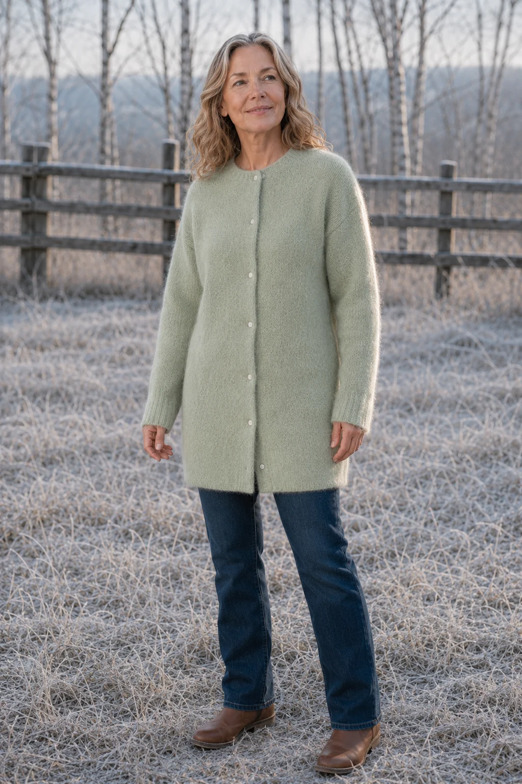 Rosilda Fine Gauge Wool Cardigan in light green, outdoor editorial view