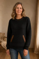 Sweatshirt with Round Neckline and Color Blocking - Black