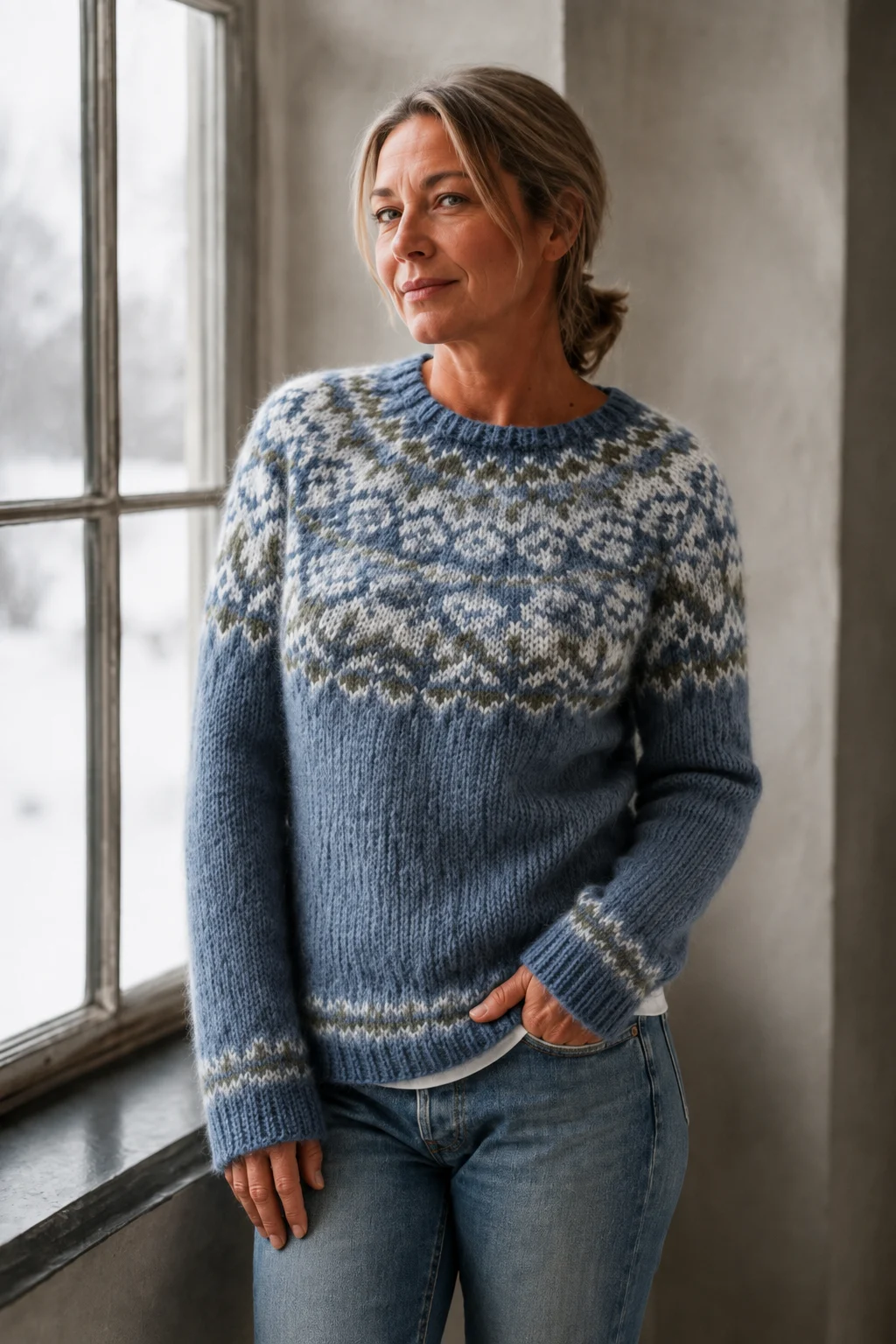 Rowena blue Fair Isle wool pullover worn by a woman with a low ponytail, one hand in her jeans pocket beside a window.