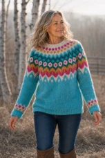 Rowena cyan Nordic cashmere merino pullover turning editorial photograph