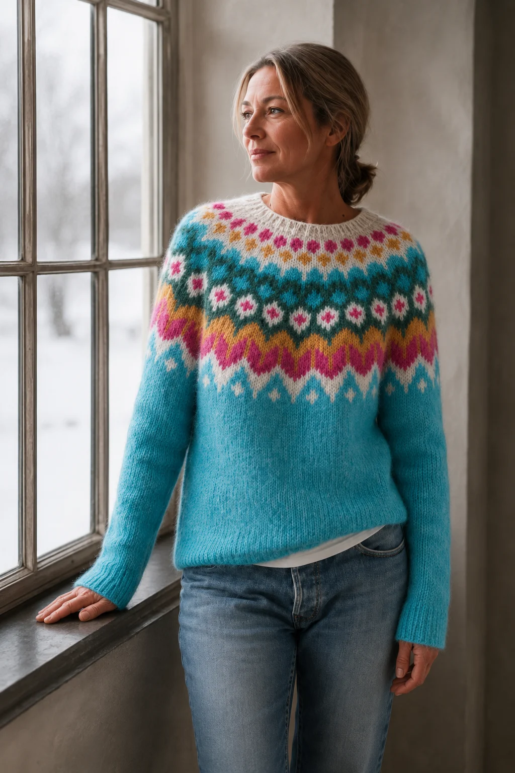 Rowena cyan multicolour Fair Isle wool pullover worn by a woman with a low ponytail, one hand resting on a windowsill.