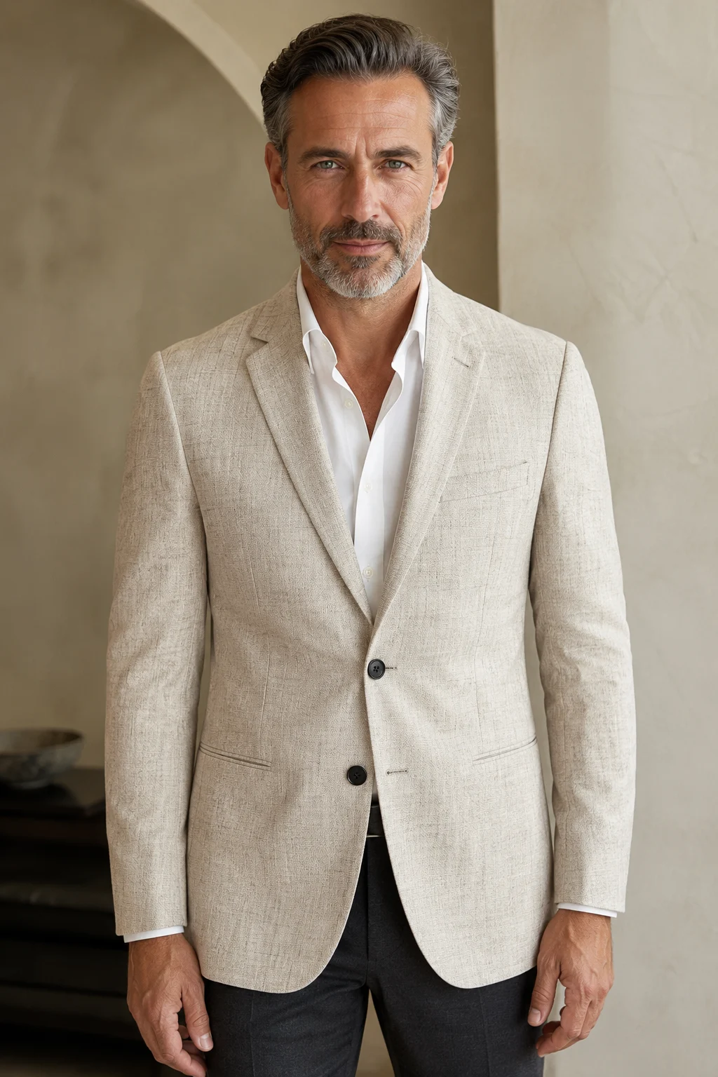Khaki cotton blend blazer hero, direct camera gaze