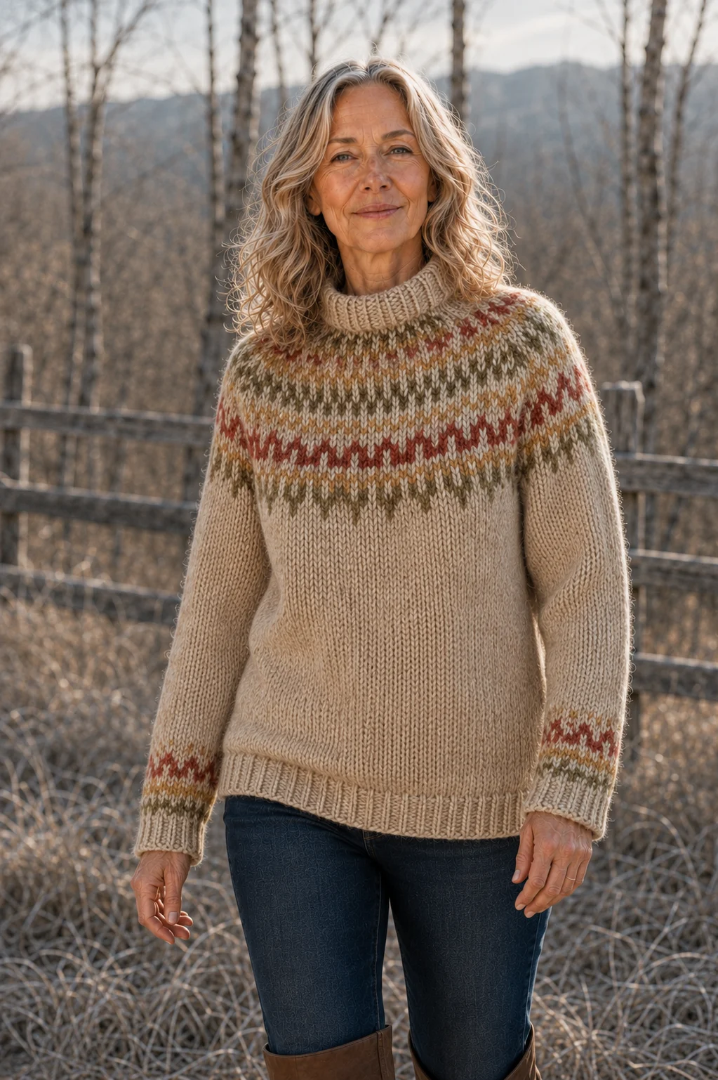 Selina Nordic Knit Wool Sweater in caramel, outdoor editorial view