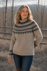 Selina Nordic Knit Wool Sweater in grey, outdoor editorial view