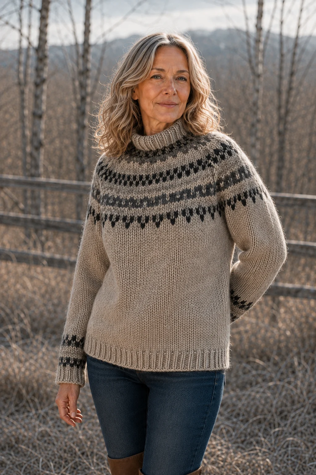 Selina Nordic Knit Wool Sweater in grey, outdoor editorial view