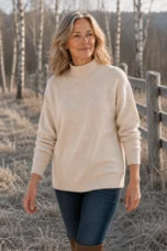 Selma drop shoulder mock neck sweater in beige, outdoor editorial photograph