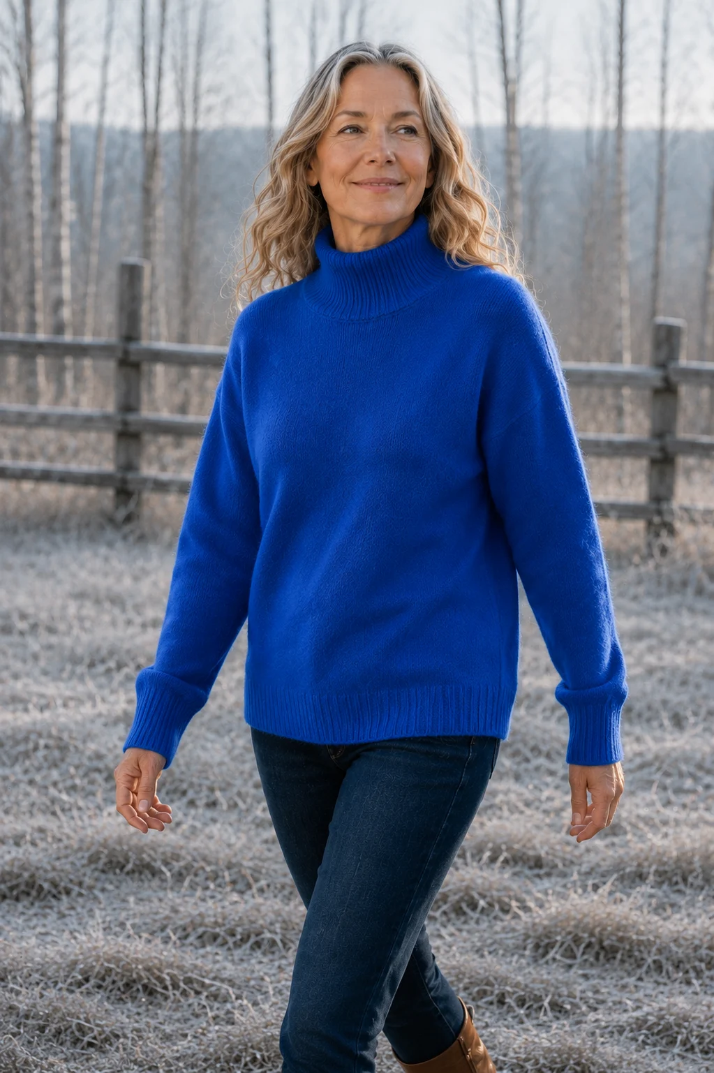 Selma Drop Shoulder Mock Neck Sweater in Blue, outdoor editorial photograph