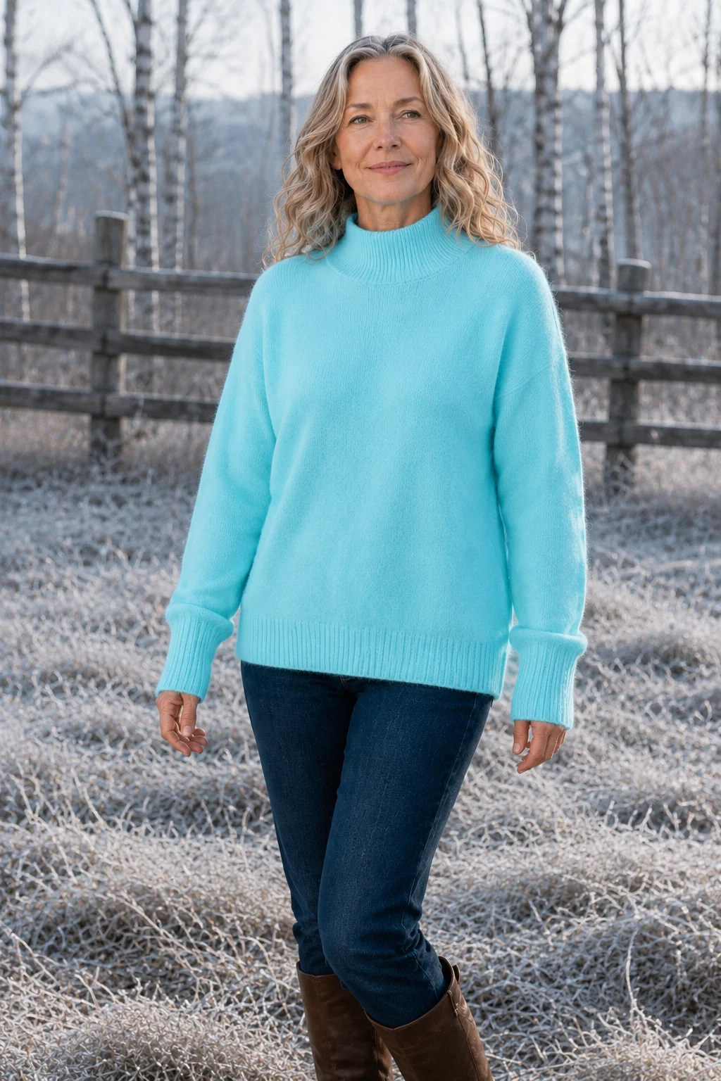 Selma Drop Shoulder Mock Neck Sweater in Cyan, outdoor editorial photograph
