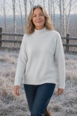 Selma Drop Shoulder Mock Neck Sweater in Light Grey, outdoor editorial photograph