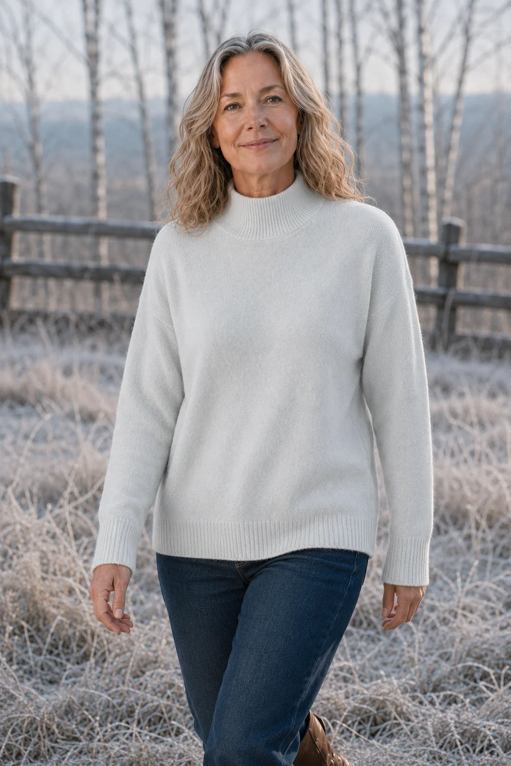 Selma Drop Shoulder Mock Neck Sweater in Light Grey, outdoor editorial photograph