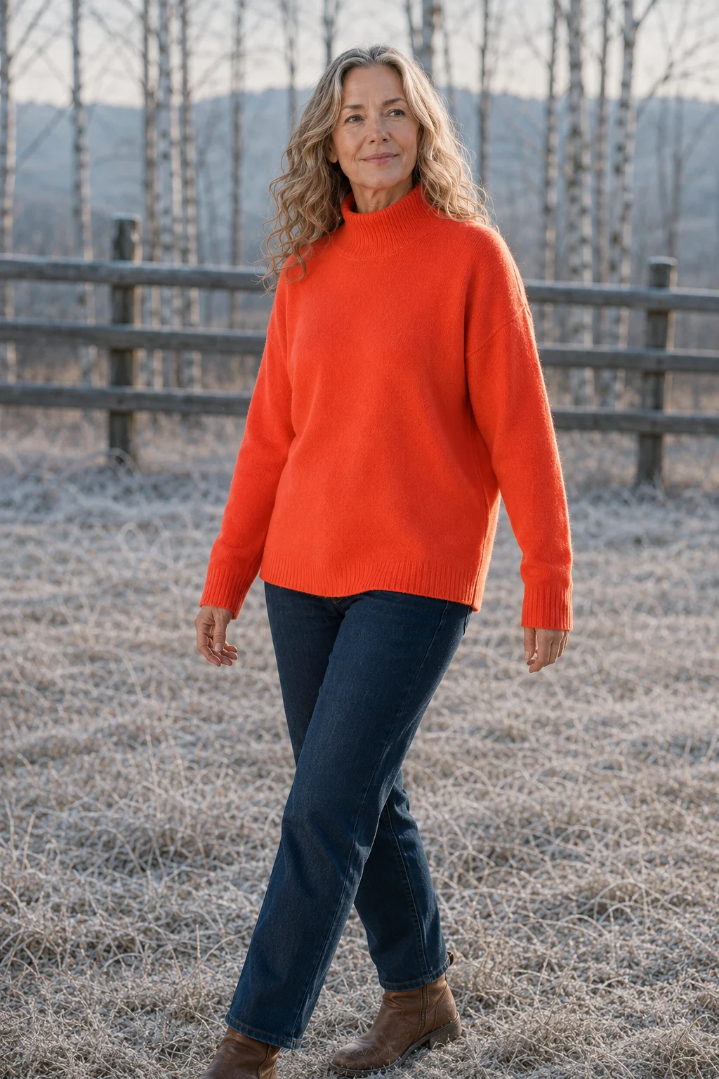 Selma Drop Shoulder Mock Neck Sweater in Orange, outdoor editorial photograph