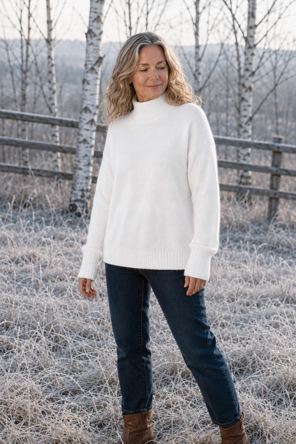 Selma Drop Shoulder Mock Neck Sweater in White, outdoor editorial photograph