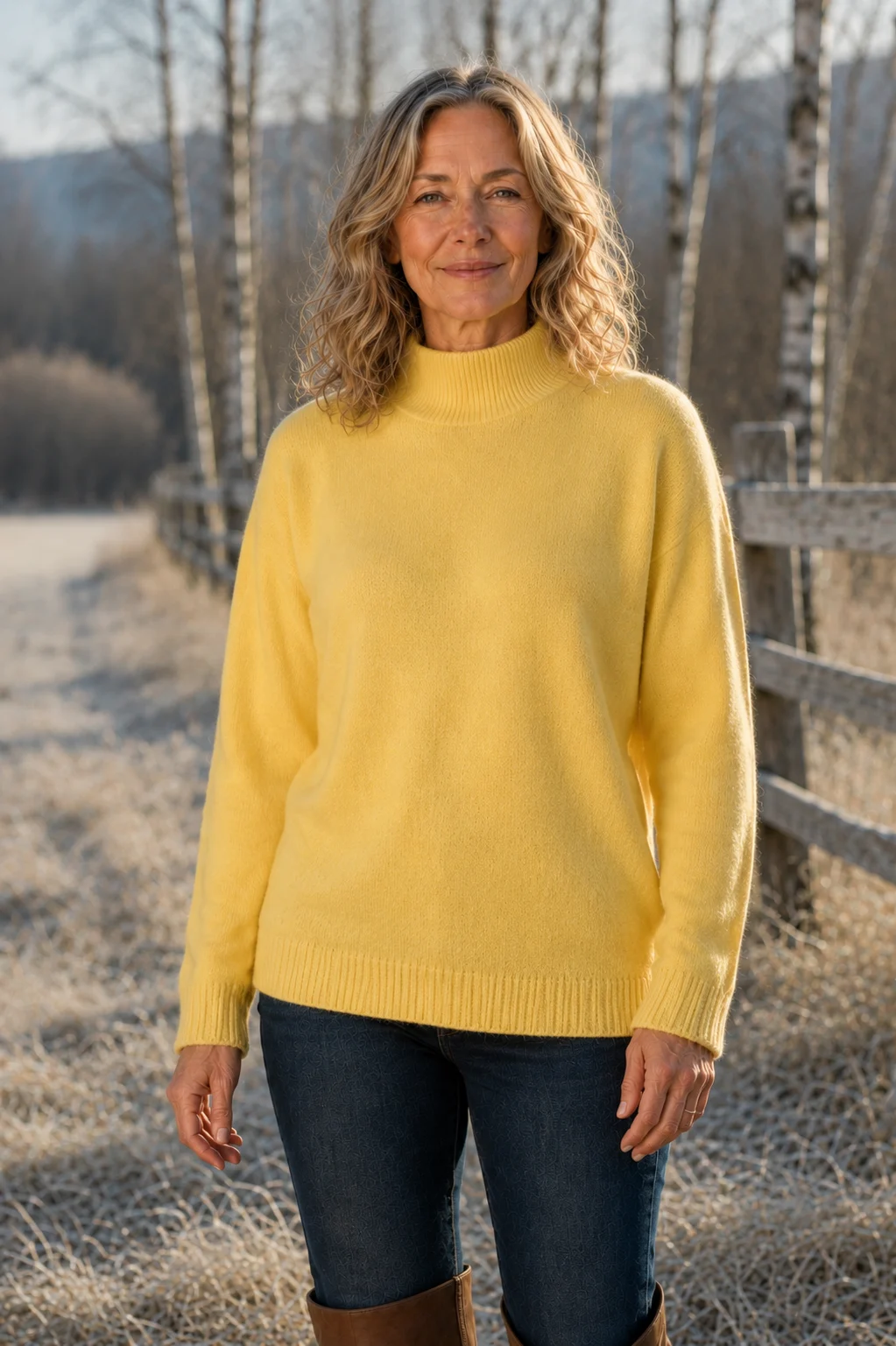 Selma drop shoulder mock neck sweater in yellow, outdoor editorial photograph