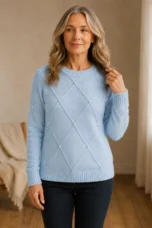 Sierra | Pearl Detail Crew Neck Sweater - Light Blue