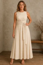 Sleeveless Bow Waist Dress - Beige