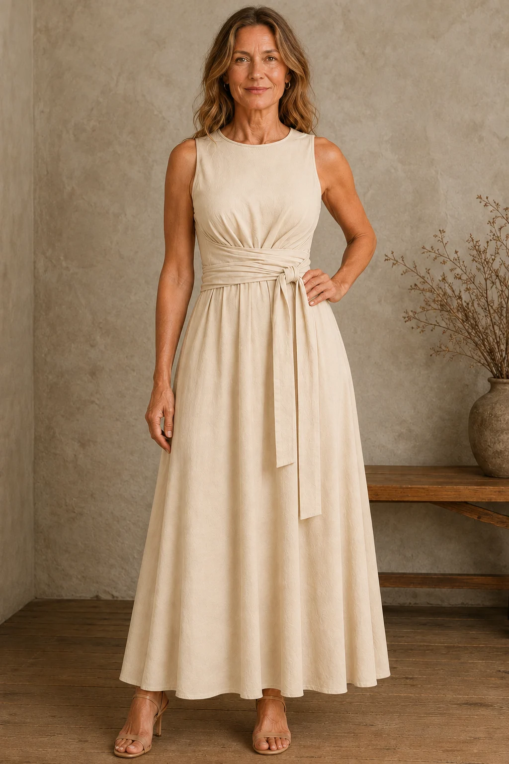 Sleeveless Bow Waist Dress - Beige