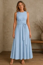 Sleeveless Bow Waist Dress - Blue