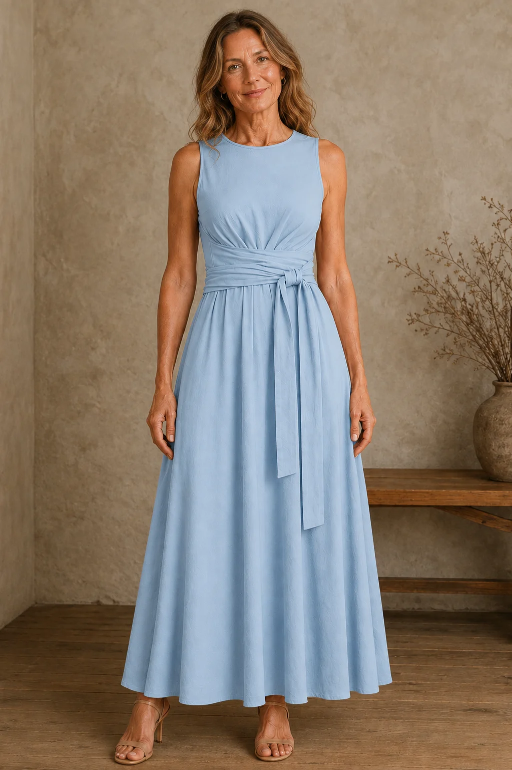 Sleeveless Bow Waist Dress - Blue