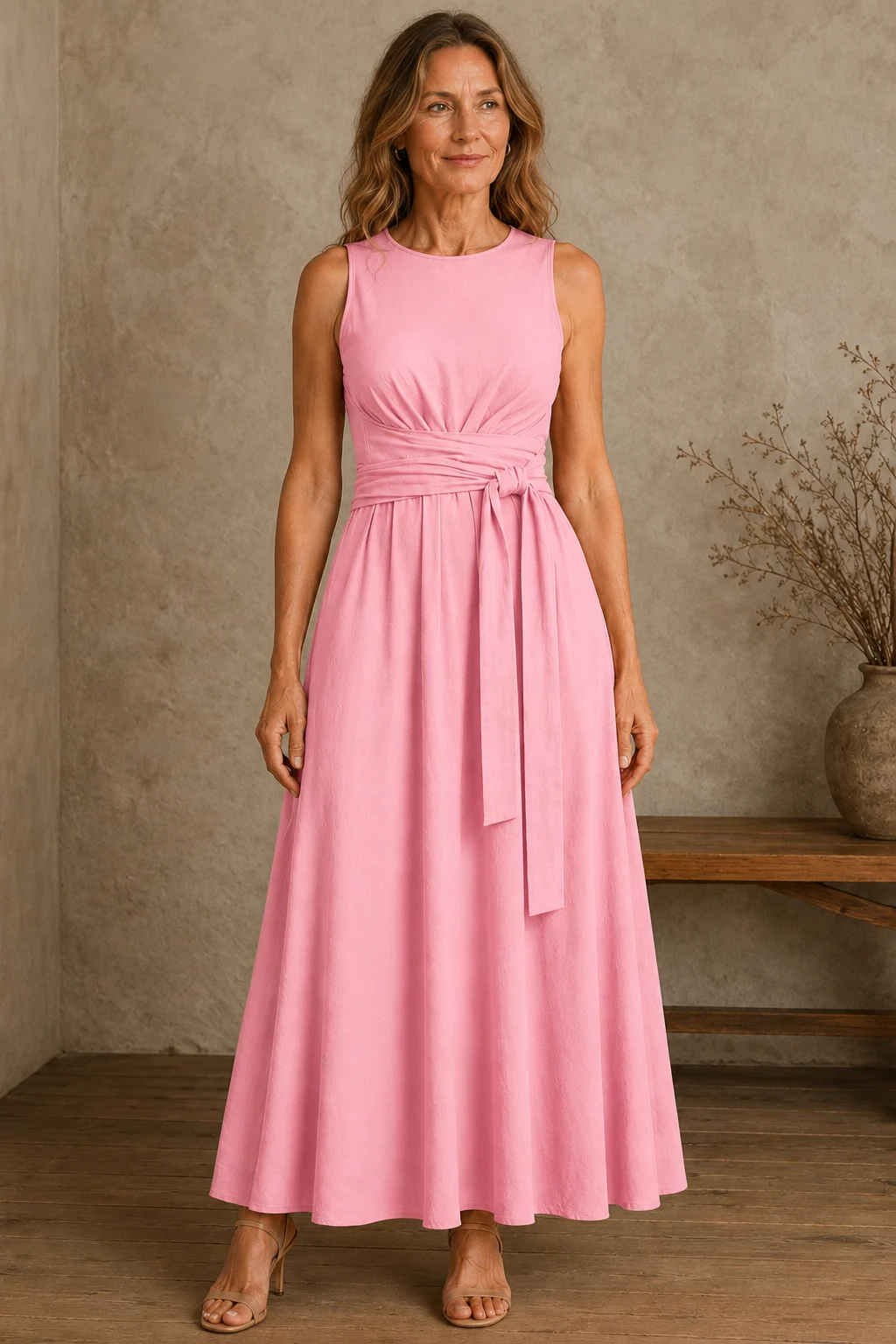 Sleeveless Bow Waist Dress - Pink
