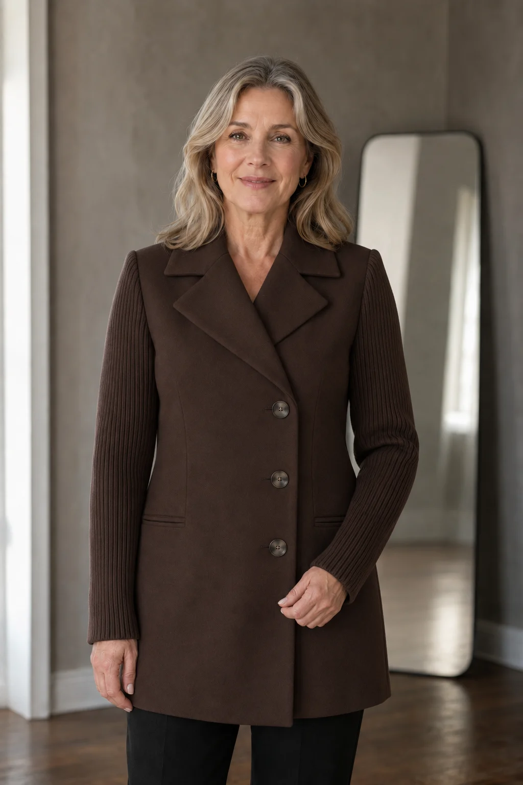 Solene | Ribbed Knit Blazer Coat - Dark Brown