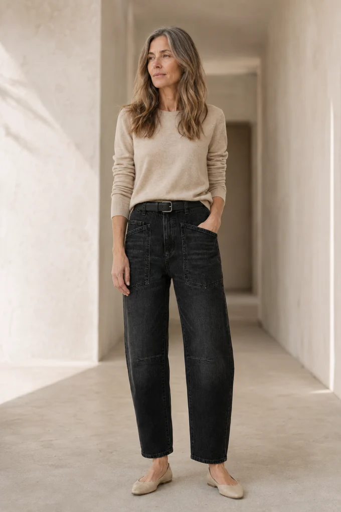 Structured Cotton Denim Barrel Leg Jeans