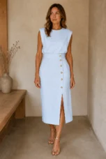 Structured Side Slit Midi Dress - Light Blue