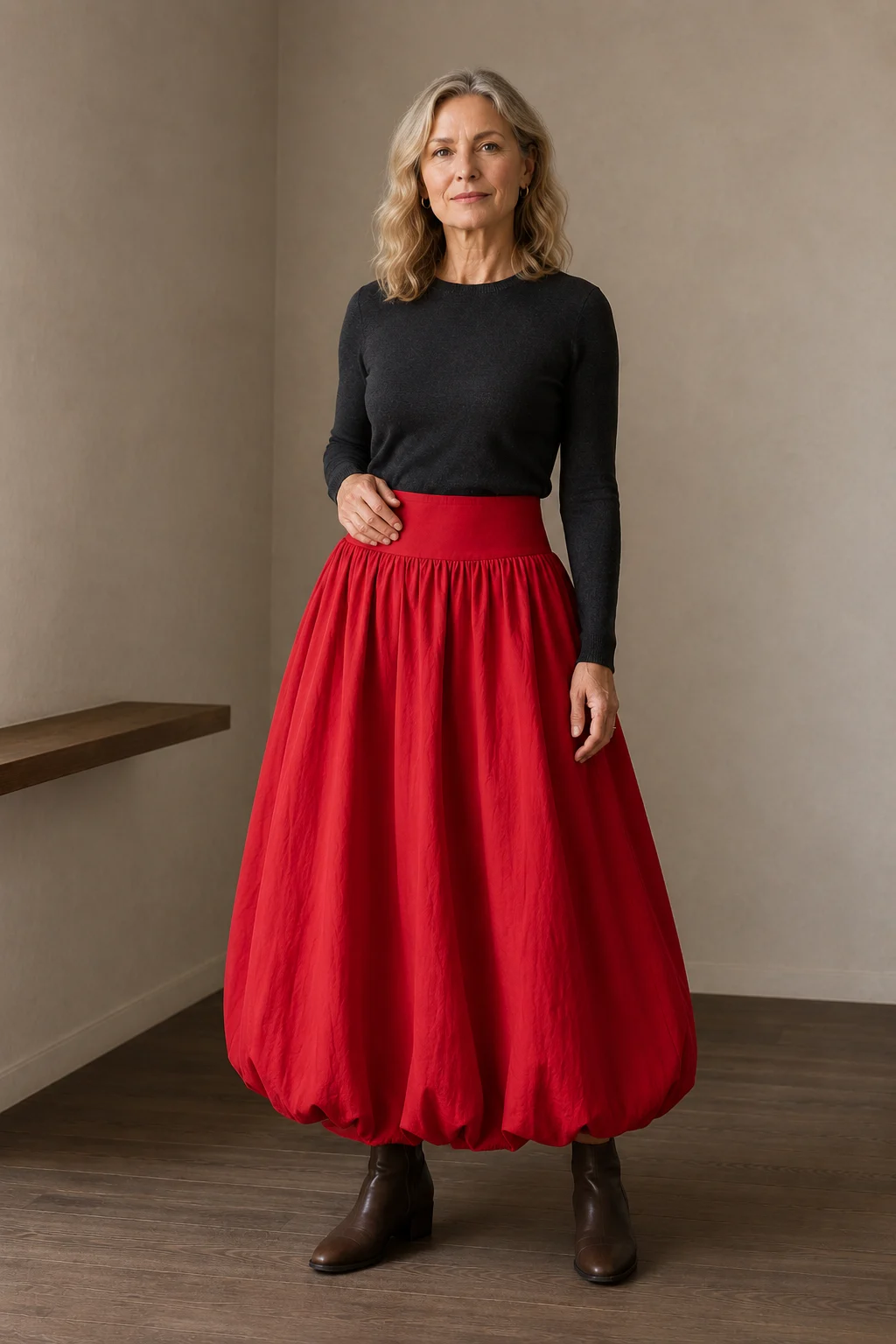 Sybil | Gathered Balloon Hem Skirt - Red