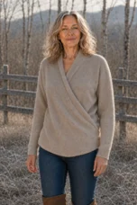 Symphorose cafe crossed wrap knit sweater editorial photograph