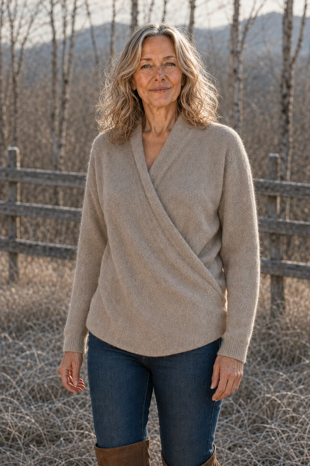 Symphorose cafe crossed wrap knit sweater editorial photograph