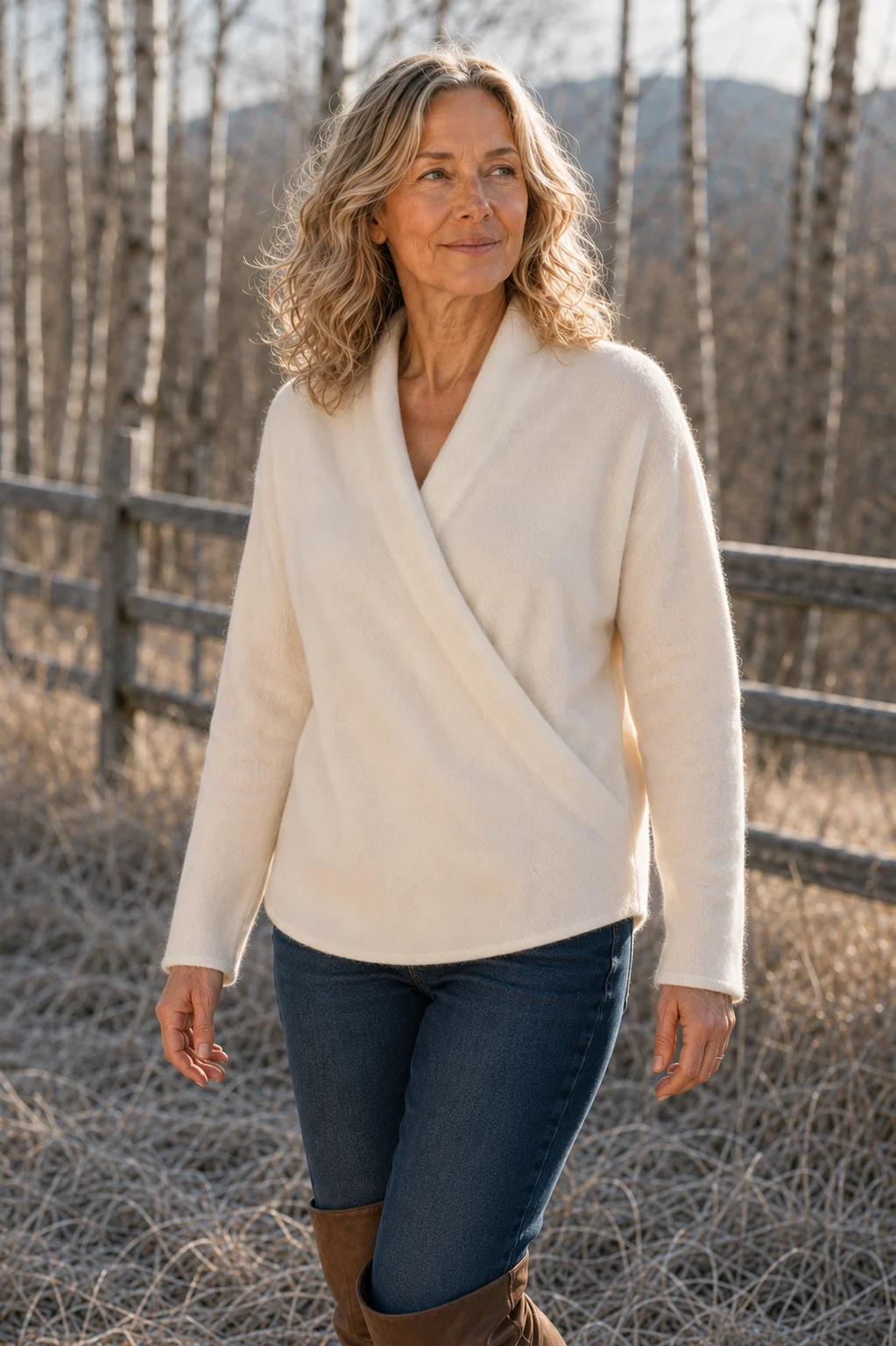 Symphorose ivory crossed wrap knit sweater editorial photograph
