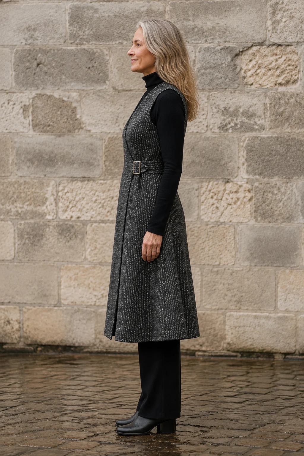Thérèse | Longline Tweed Wrap Vest - Grey
