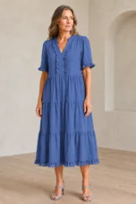 Tiered Puff Sleeve Mini Dress - Blue