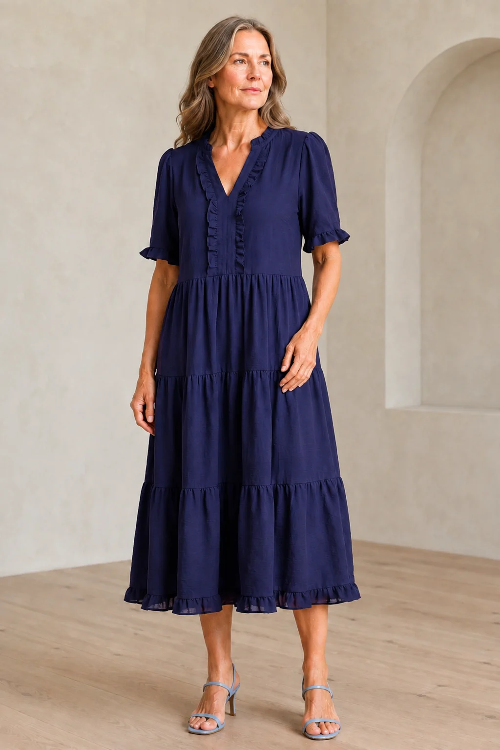 Tiered Puff Sleeve Mini Dress - Dark Blue
