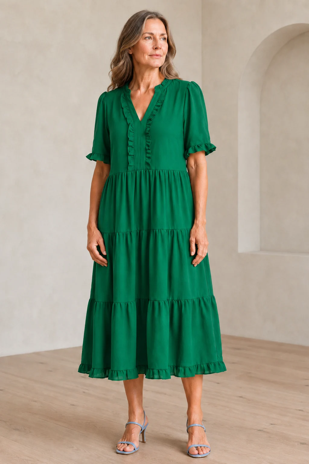 Tiered Puff Sleeve Mini Dress - Green
