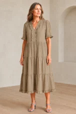Tiered Puff Sleeve Mini Dress - Khaki