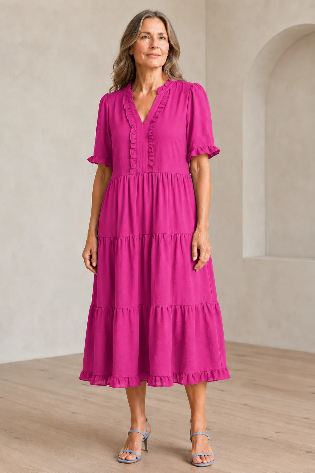 Tiered Puff Sleeve Mini Dress - Pink