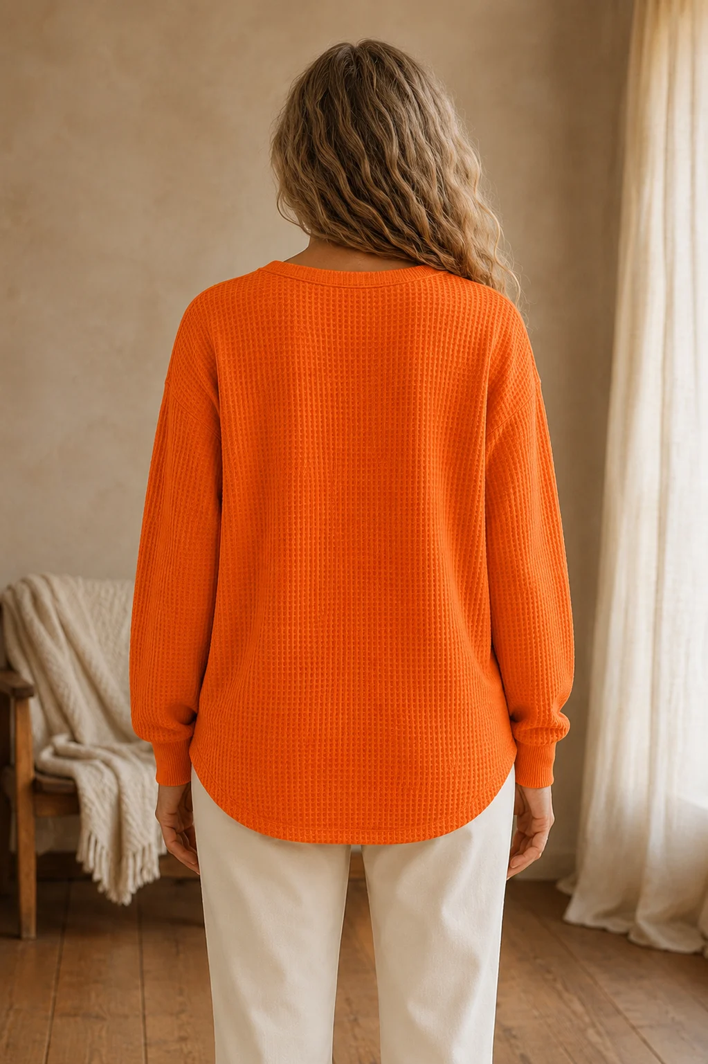 Toinette | Waffle Knit Henley Top - Orange back view