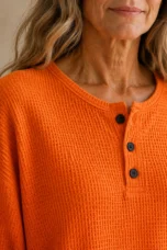 Toinette | Waffle Knit Henley Top - Orange fabric detail