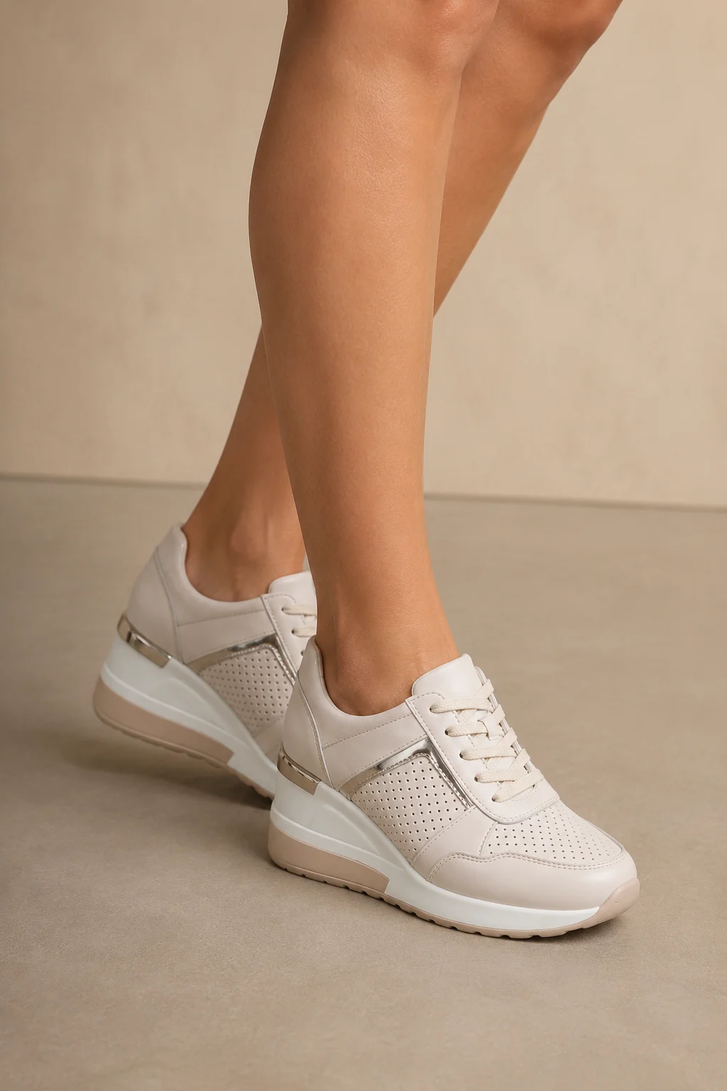 Trina beige orthopedische platformsneaker – draagbeeld