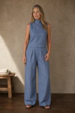 Ursuline | Linen Blend Mock Neck Set - Blue