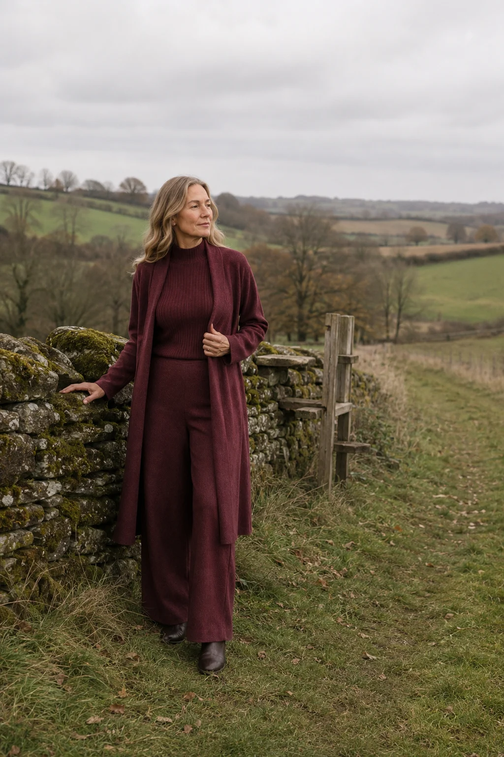 Valerie maroon three piece ribbed knit set beside a mossy autumn stone wall