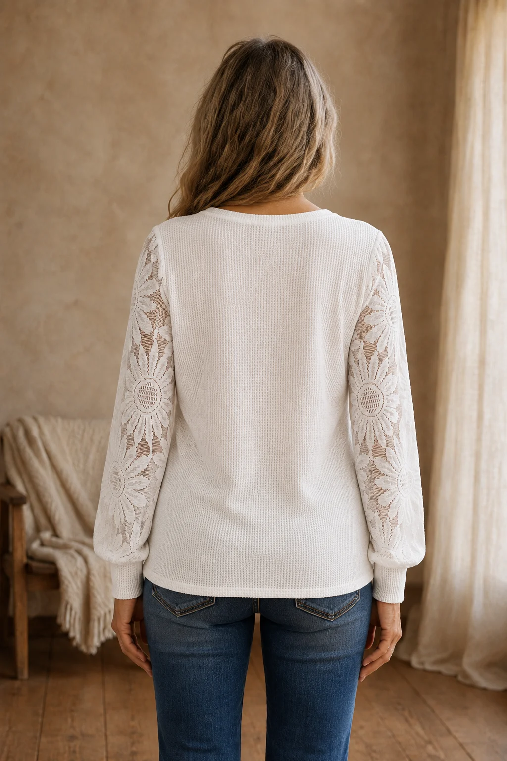 Veronique | Lace Panel Lantern Top - White back view