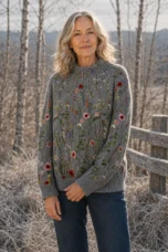 Violet Raised Floral Knit Jumper in grey, editorial front three-quarter view