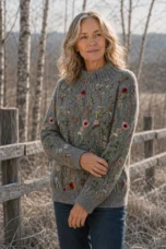Violet Raised Floral Knit Jumper in grey, natural editorial pose