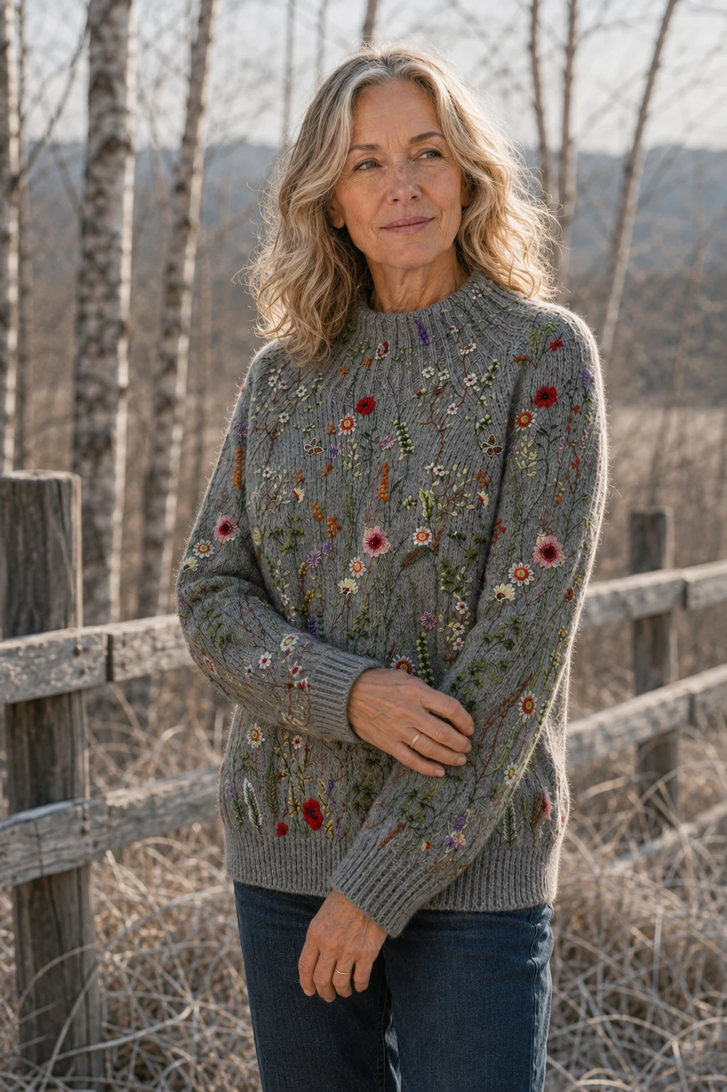 Violet Raised Floral Knit Jumper in grey, natural editorial pose