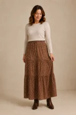 Vivian | 100% Cotton Drawstring Maxi Skirt - Brown
